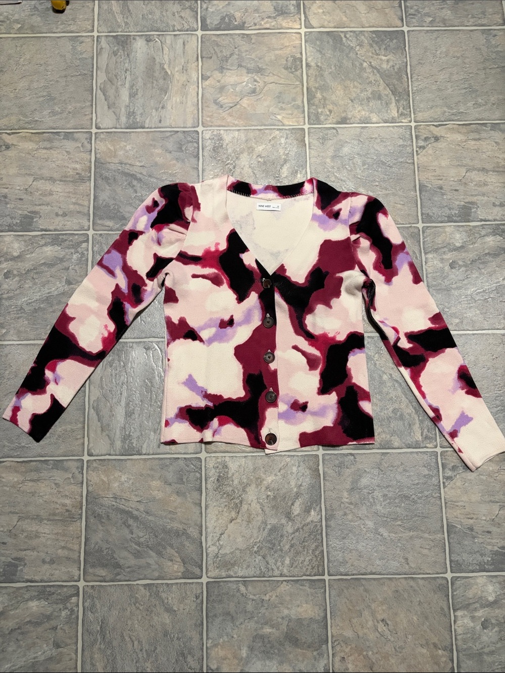 Nine West Pink Burgundy Black & Lavender Abstract V-Neck Cardigan